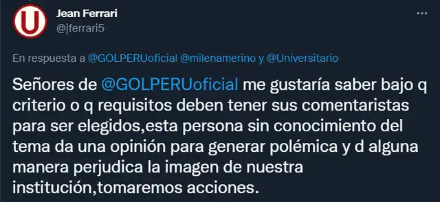Universitario y la respuesta de Jean Ferrari