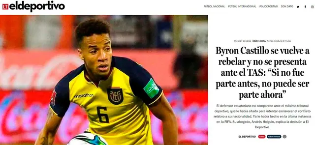 Byron Castillo no piensa hacer caso a la notificación del TAS. Foto: La Tercera. Byron Castillo no piensa hacer caso a la notificación del TAS. Foto: La Tercera.