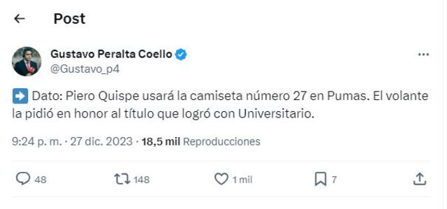 Piero Quispe usará la &quot;27' en Pumas UNAM