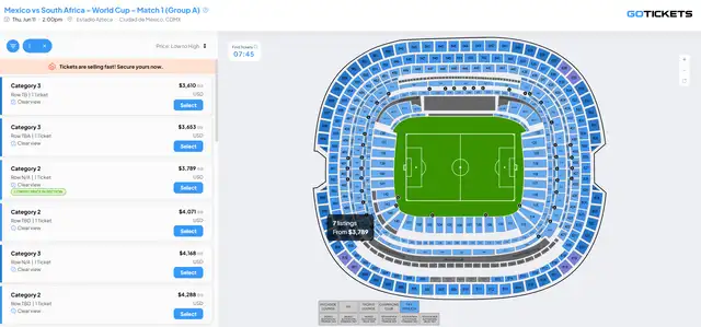 Precios de las entradas para México vs Sudáfrica. Foto: Gotickets