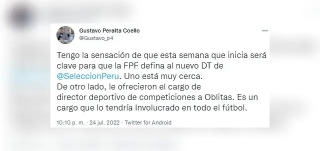 FPF ofreció cargo a Juan Carlos Oblitas,