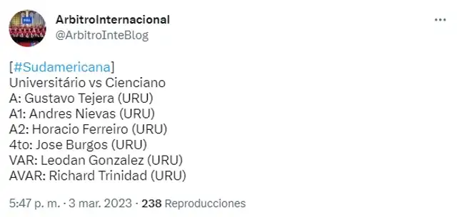  Terna arbitral del partido entre Universitario y Cienciano.   