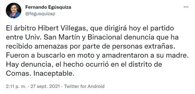 Información del árbitro Hibert Villegas por parte del periodista Fernando Egúsquiza. Información del árbitro Hibert Villegas por parte del periodista Fernando Egúsquiza.
