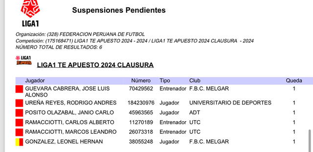 Boletín de sanciones para la fecha 6 del Torneo Clausura 2024. 