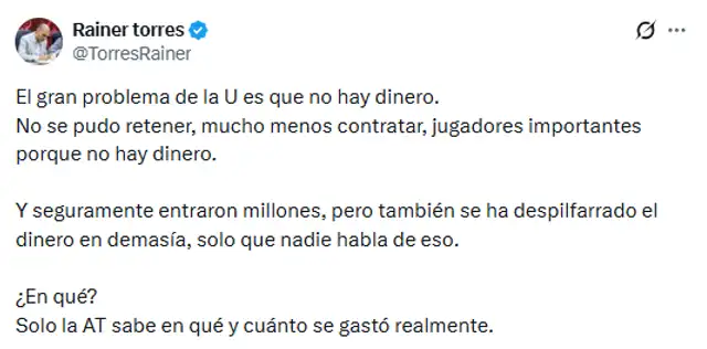 Rainer Torres criticó la gestión de Franco Velazco