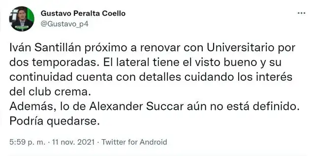 Información con relación a la renovación de Iván Santillán. Foto: Twitter Gustavo Peralta.   