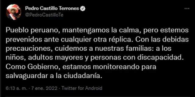 temblor hoy lima peru, pedro castillo