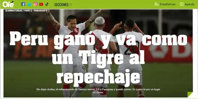 Diario Olé sobre Perú al repechaje.
