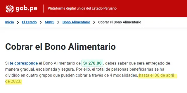 El Bono Alimentario fue un subsidio otorgado por el Gobierno de Perú destinado a 4.2 millones de adultos en situación de pobreza y vulnerabilidad. Foto: gob.pe.   