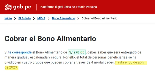 El Gobierno de Perú otorgó el Bono Alimentario, un subsidio dirigido a 4.2 millones de adultos en situación de pobreza y vulnerabilidad. Foto: gob.pe.   