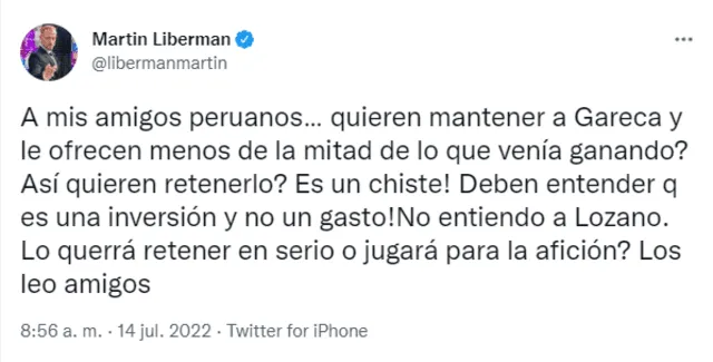 Publicación de Martín Liberman en Twitter. Publicación de Martín Liberman en Twitter.