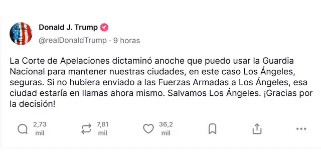 Trump se pronuncia sobre Guardia Nacional / Foto: Truth Social   