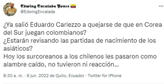 Periodista ecuatoriano burlándose de Chile.