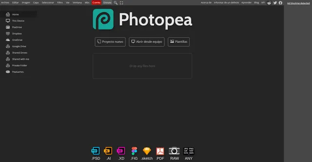Photopea es una opción gratuita de Photoshop. Foto: Captura.    