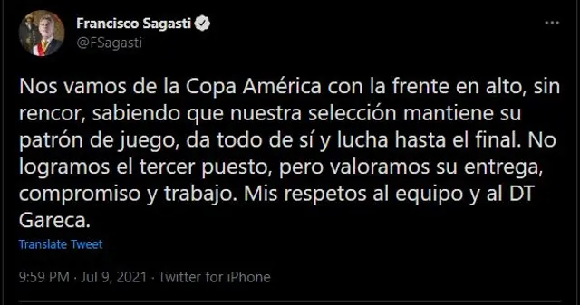 Francisco Sagasti destacó participación de la Selección Peruana en Copa América 2021 Francisco Sagasti destacó participación de la Selección Peruana en Copa América 2021