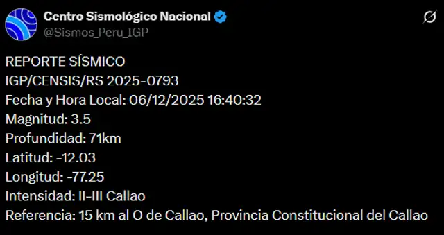 Sismo de 3.5 se reportó en el Callao. Sismo de 3.5 se reportó en el Callao.