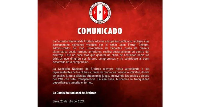 Así fue el comunicado compartido por la CONAR    