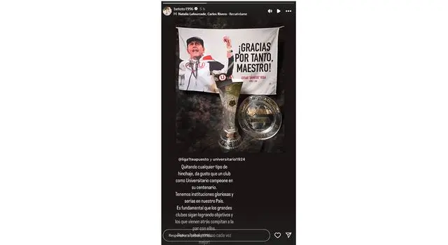 La publicación de Beto sobre Universitario por el título | Foto: Instagram Beto Da Silva   