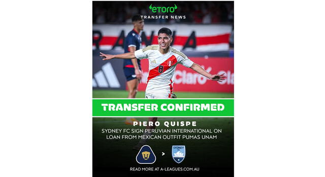 La publicación de la Liga de Australia sobre fichaje de Piero Quispe    