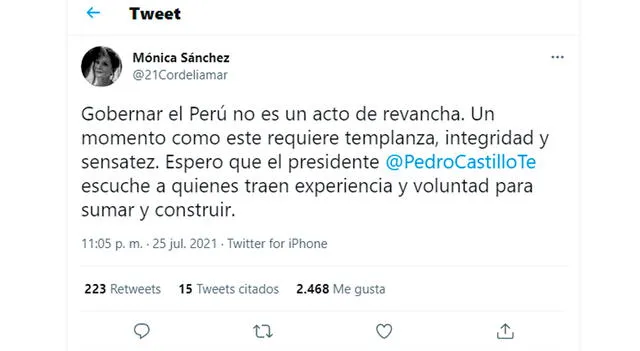 Mónica Sánchez envía mensaje a Pedro Castillo