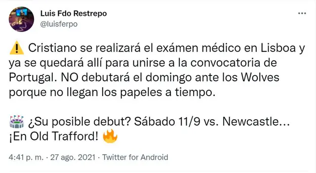 Información sobre el debut de Cristiano Ronaldo en Manchester United.   