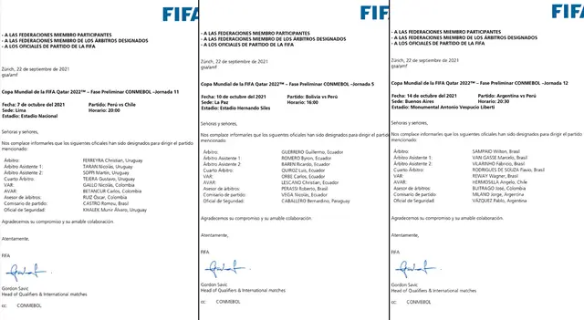 Cartas de FIFA anunciando la lista de árbitros para los partidos de Perú por Eliminatorias.   