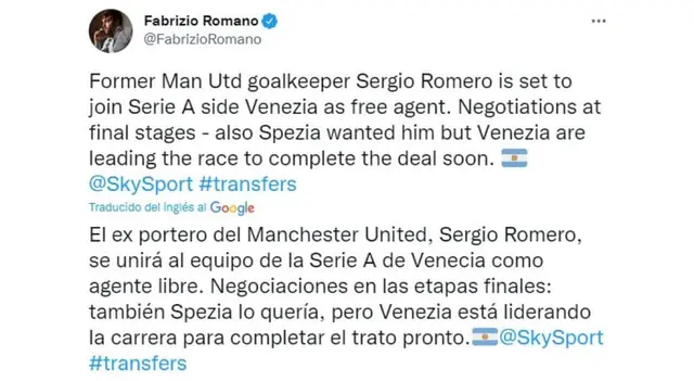 Fabrizio Romano publicó sobre el futuro de Sergio Romero.