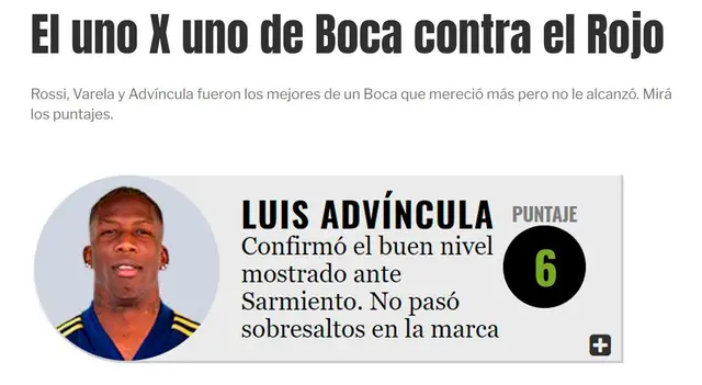 Calificación del diario Olé a Luis Advíncula en el Independiente vs. Boca Juniors. Foto: Captura Diario Olé.   