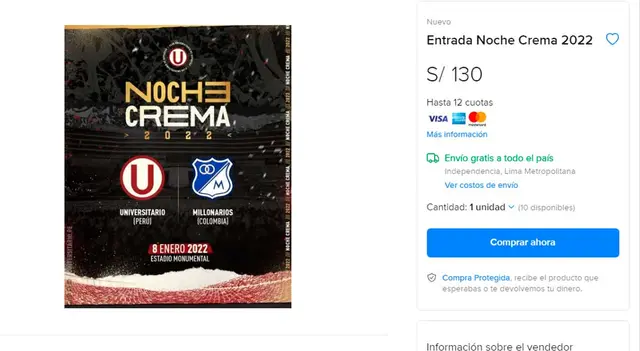 Nuevo precio de las entradas. Foto: Captura del portal Mercado Libre   