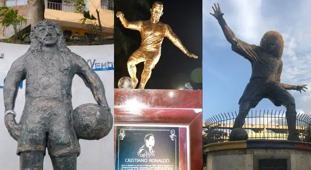 Estatuas de René Higuita, CR7 y 'El pibe' Valderrama.   