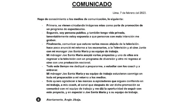 Comunicado en redes social de Angie Jibaja tras difusión de imágenes del programa de Magaly TV, La Firme hoy.   