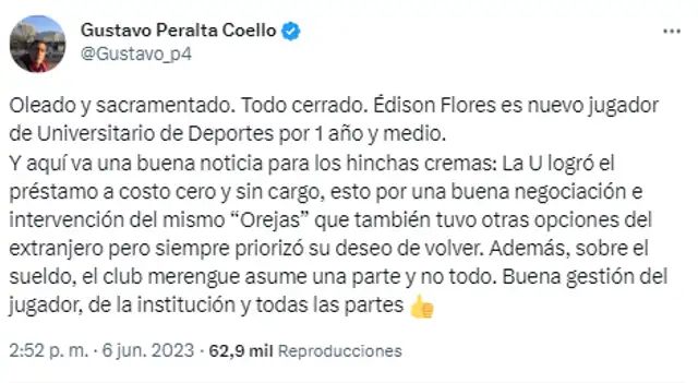  Edison Flores hizo que la operación de Universitario sea a costo cero y sin cargo.