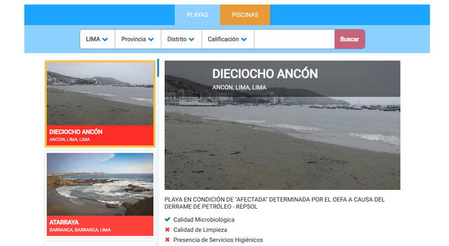  Listado de la plataforma de playas Captura:veranosaludable.minsa.gob.pe    