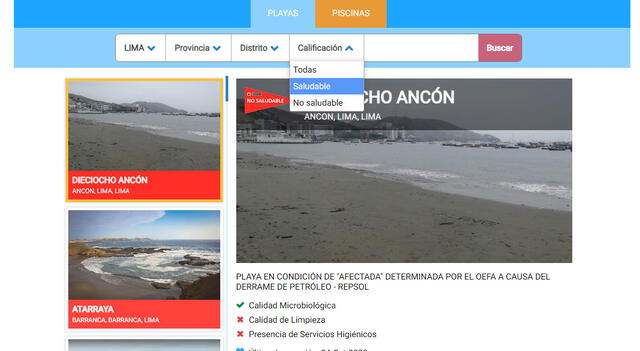  Plataforma del Minsa para visitantes a playas y piscinas. Captura:veranosaludable.minsa.gob.pe    