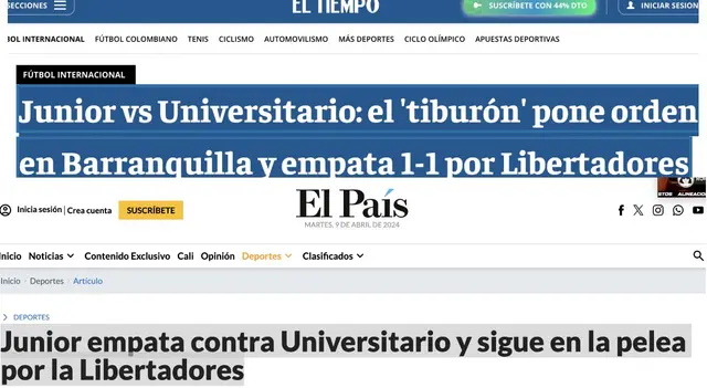 Prensa colombiana sobre el Universitario vs. Junior