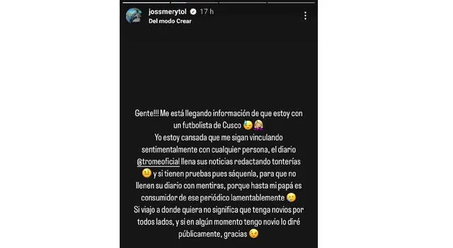 Jossmery Toledo hace queja pública en redes sociales/ FOTO: Instagram   