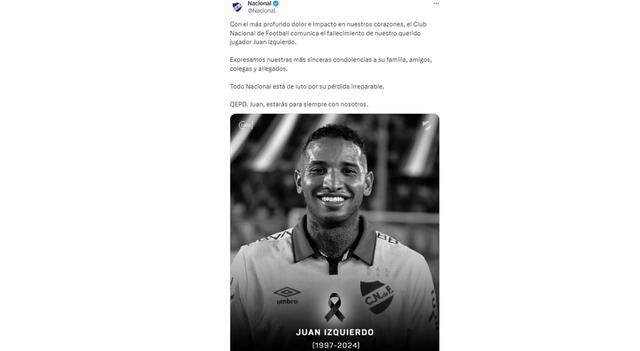 Así comunicó Nacional sobre la partida de Juan Izquierdo | Foto: X Nacional    