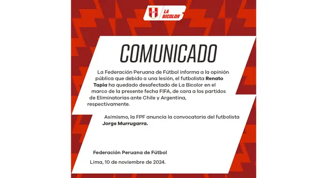 El comunicado de la FPF que anuncia la convocatoria de Jorge Murrugarra | Foto: La Bicolor   