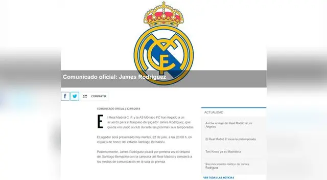 Comunicado oficial del Real Madrid haciendo oficial el fichaje de James Rodríguez Comunicado oficial del Real Madrid haciendo oficial el fichaje de James Rodríguez