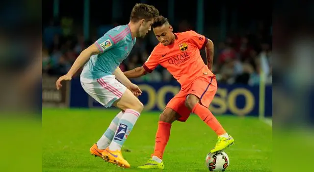 Barcelona vs. Celta: Neymar intenta una finta ante la marca de Andreu Fontas. Barcelona vs. Celta: Neymar intenta una finta ante la marca de Andreu Fontas.