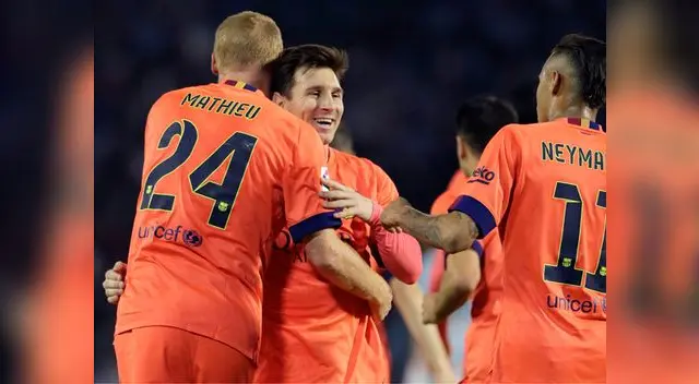 Barcelona vs. Celta: Jeremy Mathieu celebra su gol con Lionel Messi y Neymar. Barcelona vs. Celta: Jeremy Mathieu celebra su gol con Lionel Messi y Neymar.