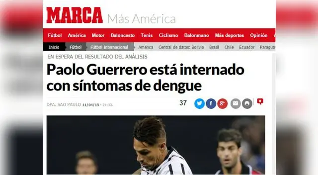 El diario español Marca destacó en su página web la posible enfermedad del delantero El diario español Marca destacó en su página web la posible enfermedad del delantero