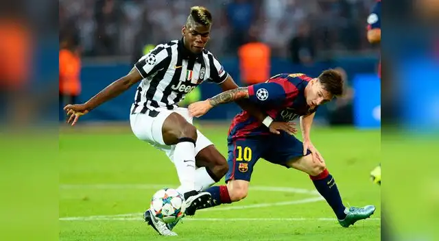 Barcelona vs. Juventus: Paul Pogba le gana la disputa del balón a Lionel Messi.