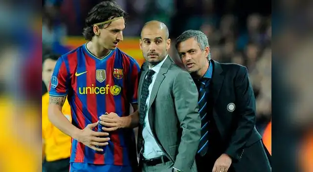 Ibrahimovic, Guardiola y Mourinho en pleno Barcelona vs. Inter de Milán por las semifinales de la Champions 2009-10. Ibrahimovic, Guardiola y Mourinho en pleno Barcelona vs. Inter de Milán por las semifinales de la Champions 2009-10.
