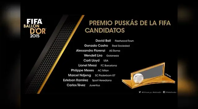LA FIFA dio conocer los nominados al Premio Puskas, como mejores del año 2015. Lionel Messi figura entre los aspirantes al galardón. LA FIFA dio conocer los nominados al Premio Puskas, como mejores del año 2015. Lionel Messi figura entre los aspirantes al galardón.