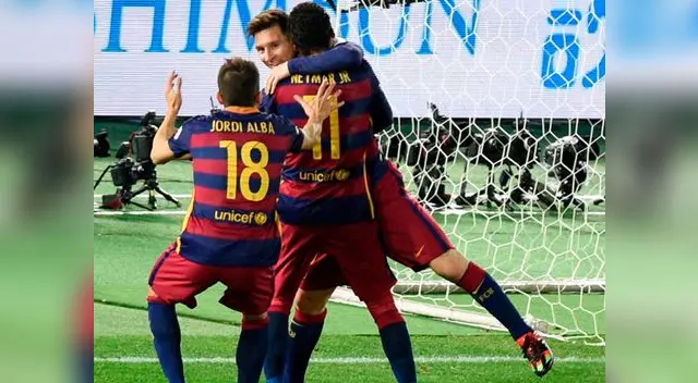 Barcelona vs. River Plate: Lionel Messi celebra su gol con Neymar y Jordi Alba. Barcelona vs. River Plate: Lionel Messi celebra su gol con Neymar y Jordi Alba.