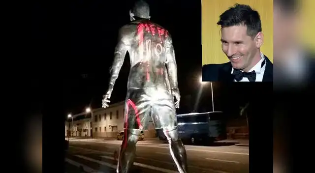 Estatua de Cristiano Ronaldo pintada con el nombre de Lionel Messi Estatua de Cristiano Ronaldo pintada con el nombre de Lionel Messi