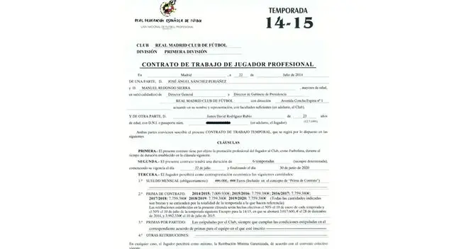 Este es el contrato que firmó James Rodríguez con el Real Madrid, a mediados del 2014.  Este es el contrato que firmó James Rodríguez con el Real Madrid, a mediados del 2014.