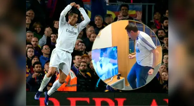 Cristiano Ronaldo celebra en el Camp Nou y Tomás Roncero en la redacción de As. Cristiano Ronaldo celebra en el Camp Nou y Tomás Roncero en la redacción de As.