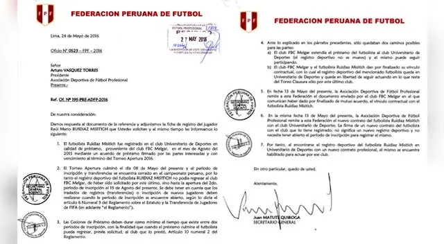El oficio de la FPF sobre el caso Ruidíaz El oficio de la FPF sobre el caso Ruidíaz